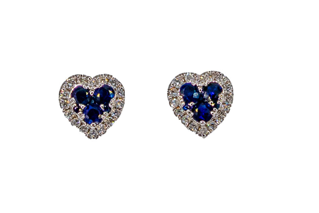 14k Gold Diamond and Saphire Heart Studs Earrings