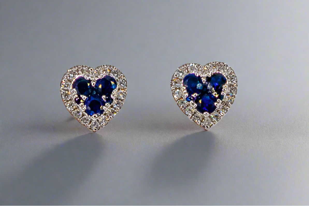 14k Gold Diamond and Saphire Heart Studs Earrings