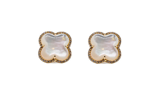 14k Gold Mother of Pearl Clover Diamond Earrings