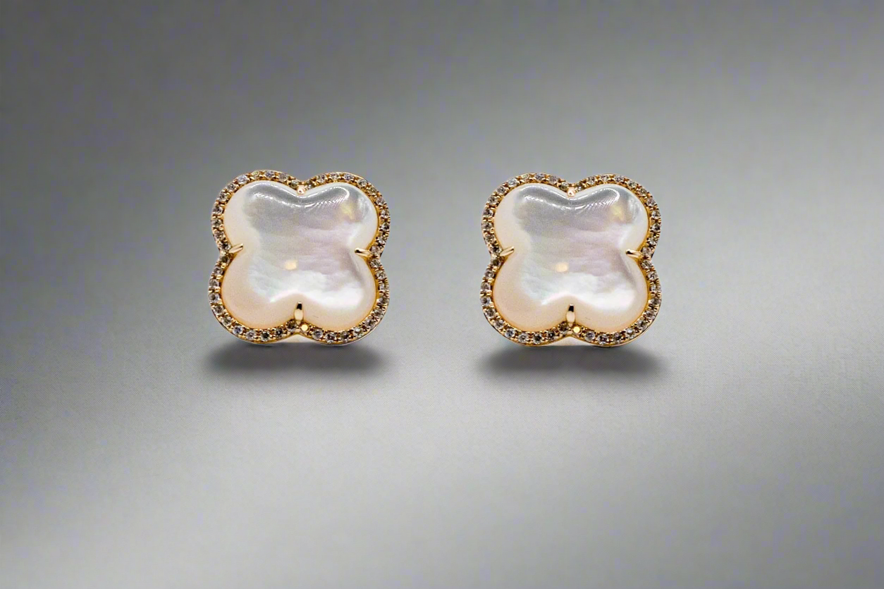 14k Gold Mother of Pearl Clover Diamond Earrings