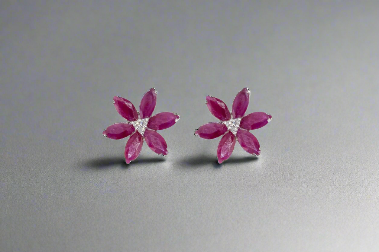 14k Gold Ruby Flower Earrings