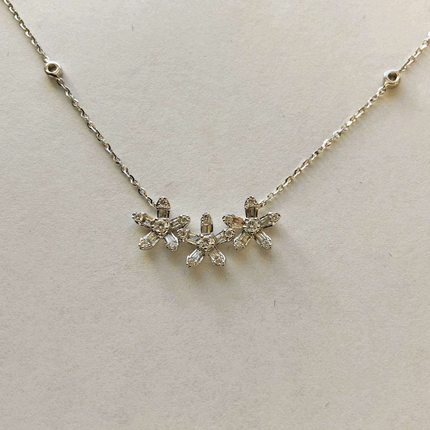14k Gold Three Flower Diamond Necklace