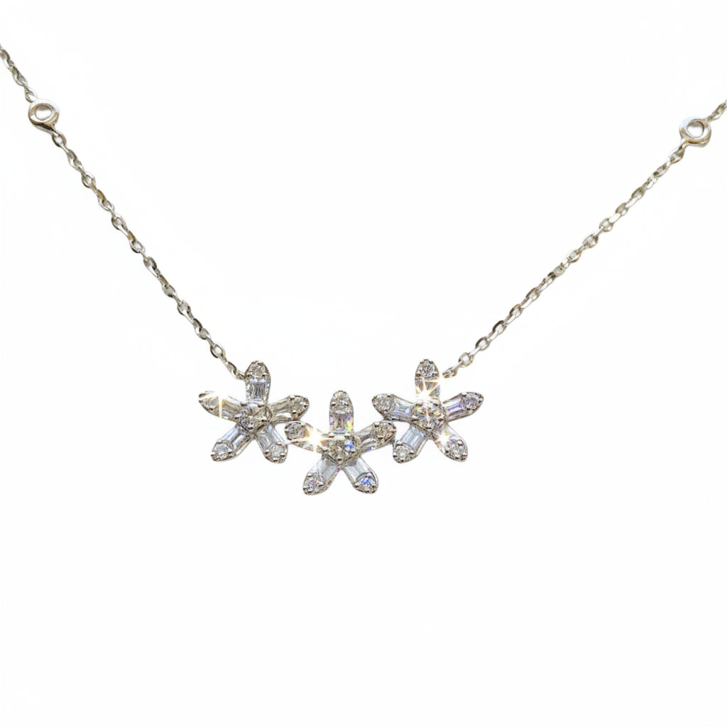 14k Gold Three Flower Diamond Necklace