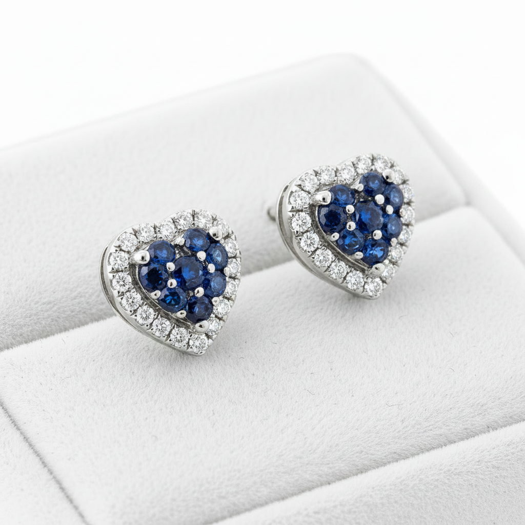 14k Gold Diamond and Saphire Heart Studs Earrings