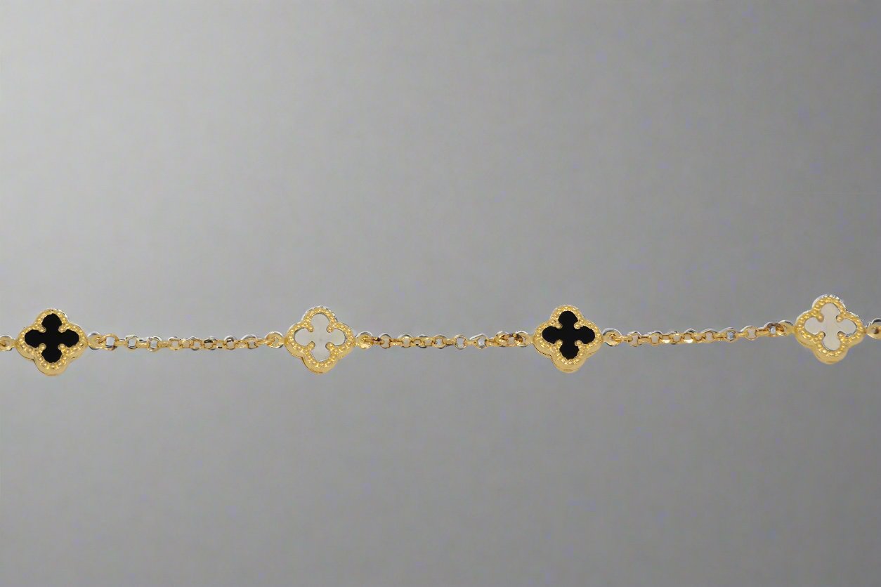 14k Gold Black and White Clover Bracelet