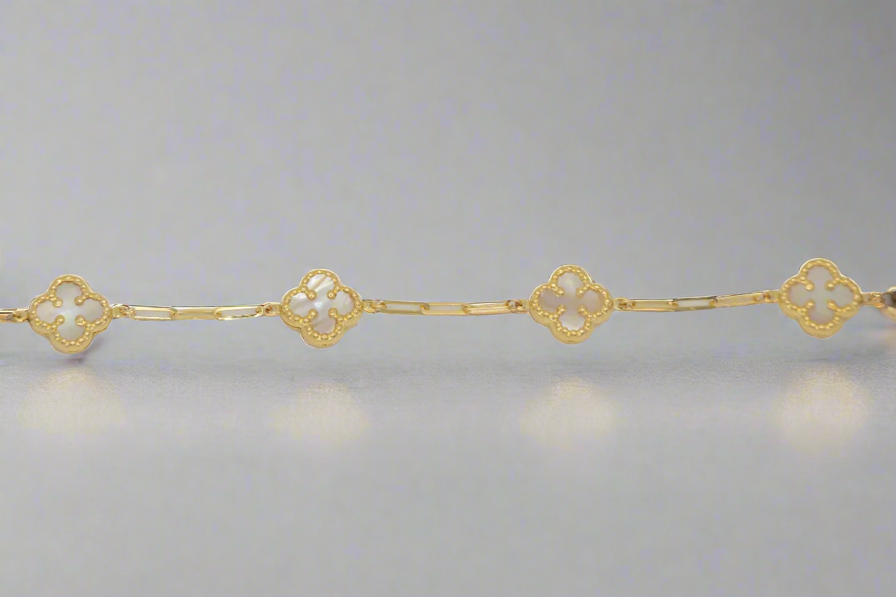 14k Gold Mother of Pearl Clover Links Bracelet