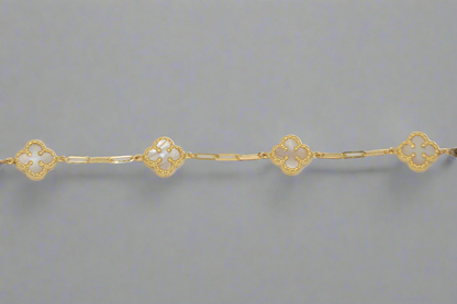 14k Gold Mother of Pearl Clover Links Bracelet