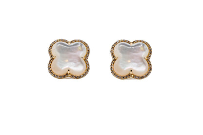 14k Gold Mother of Pearl Clover Diamond Earrings