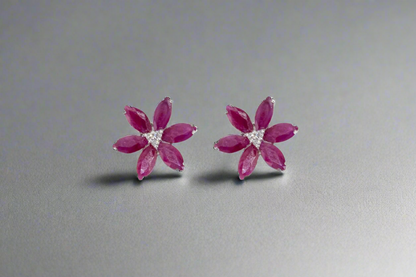 14k Gold Ruby Flower Earrings