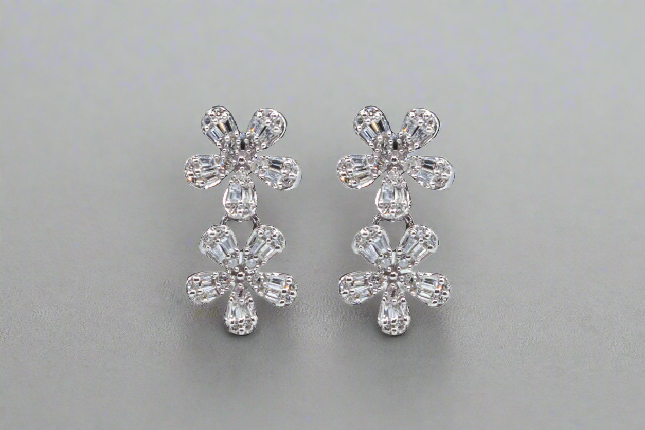 14k Gold Hanging Flower Diamond Earrings