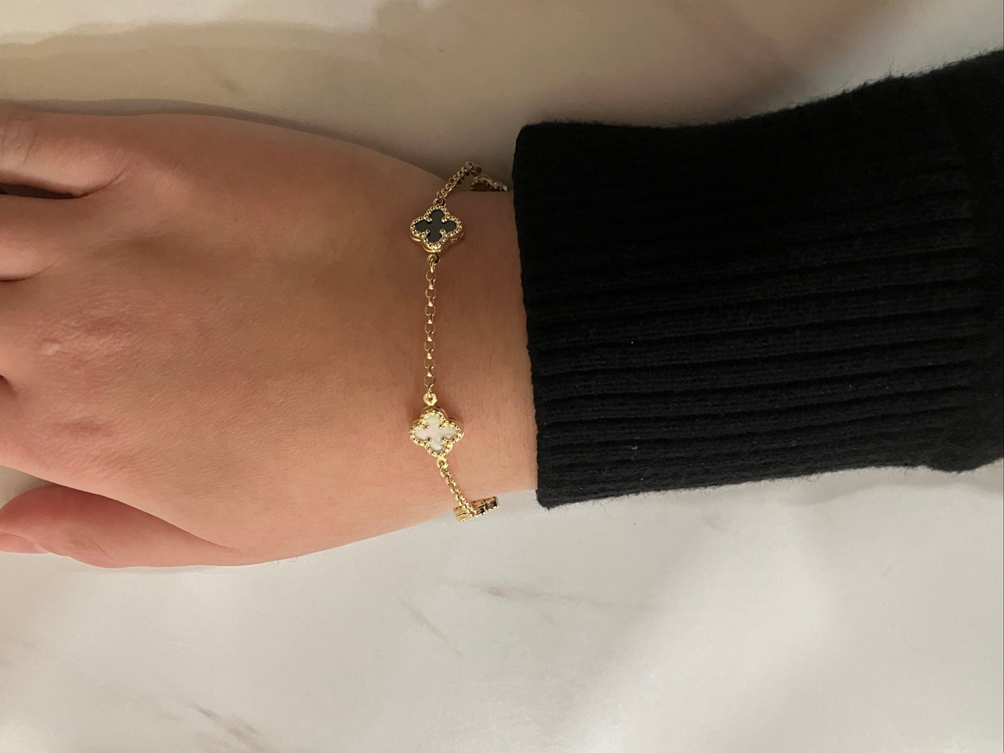 14k Gold Black and White Clover Bracelet