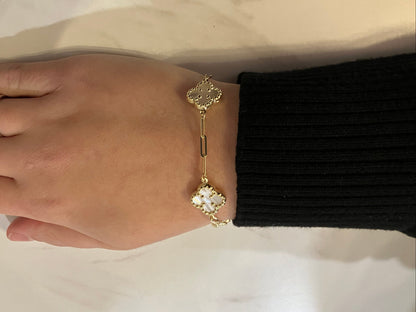 14k Gold Mother of Pearl Clover Links Bracelet