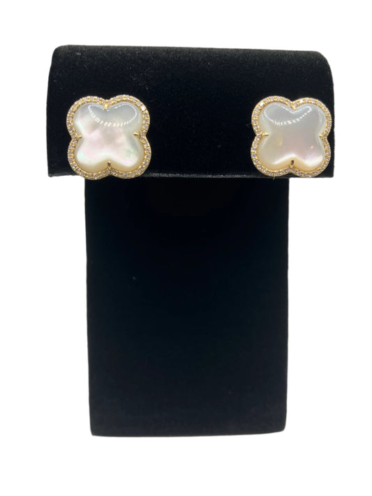 14k Gold Mother of Pearl Clover Diamond Earrings