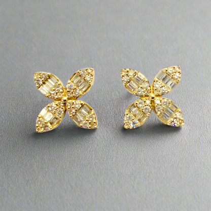 14k Gold Diamond Four Leaf Flower Earrings