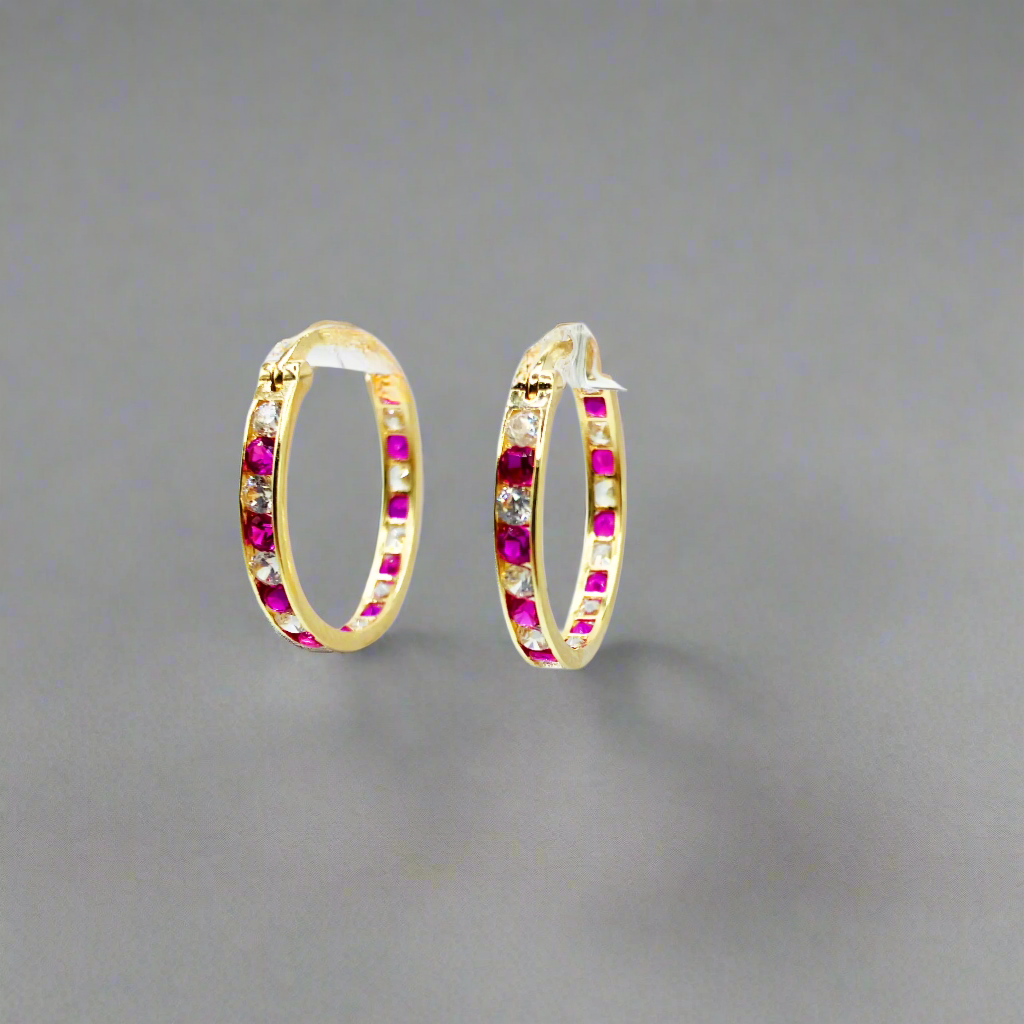 14k Gold Colored Stone and CZ Hoops
