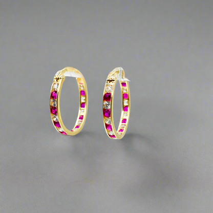 14k Gold Colored Stone and CZ Hoops