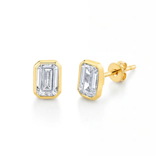 14k Lab Grown Diamond Emerald Cut Bezel Stud Earrings