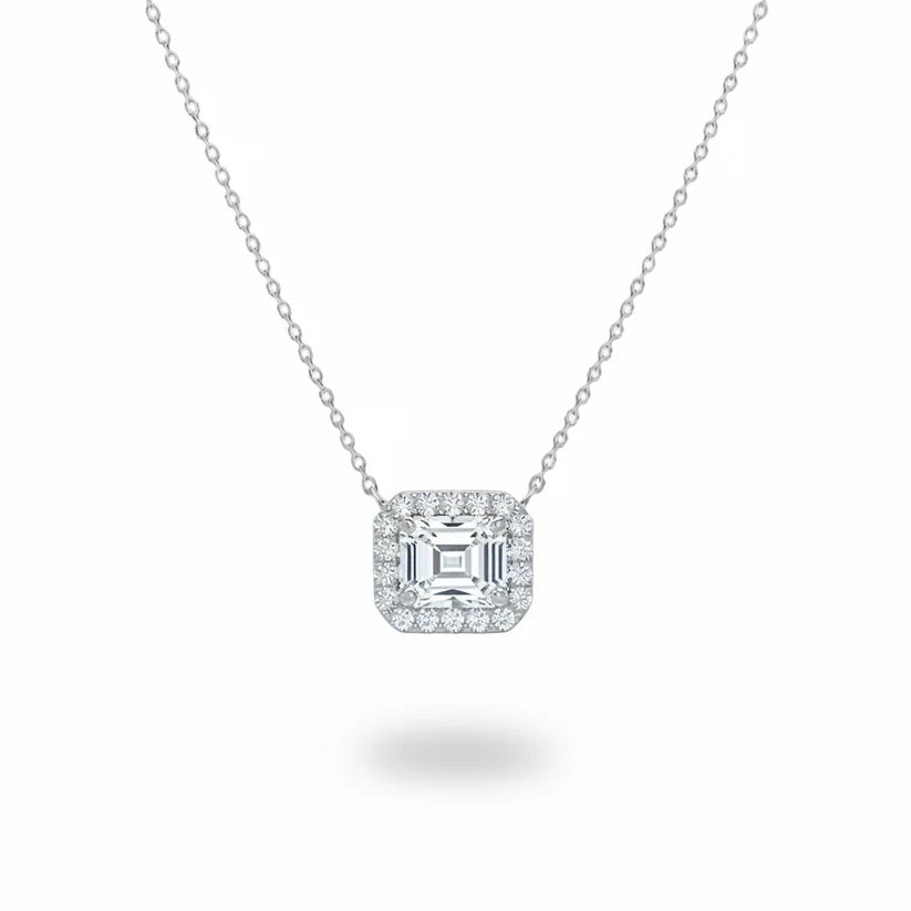 14k Lab Grown Diamond Emerald Cut Halo Necklace