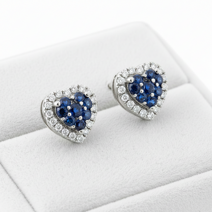 14k Gold Diamond and Saphire Heart Studs Earrings