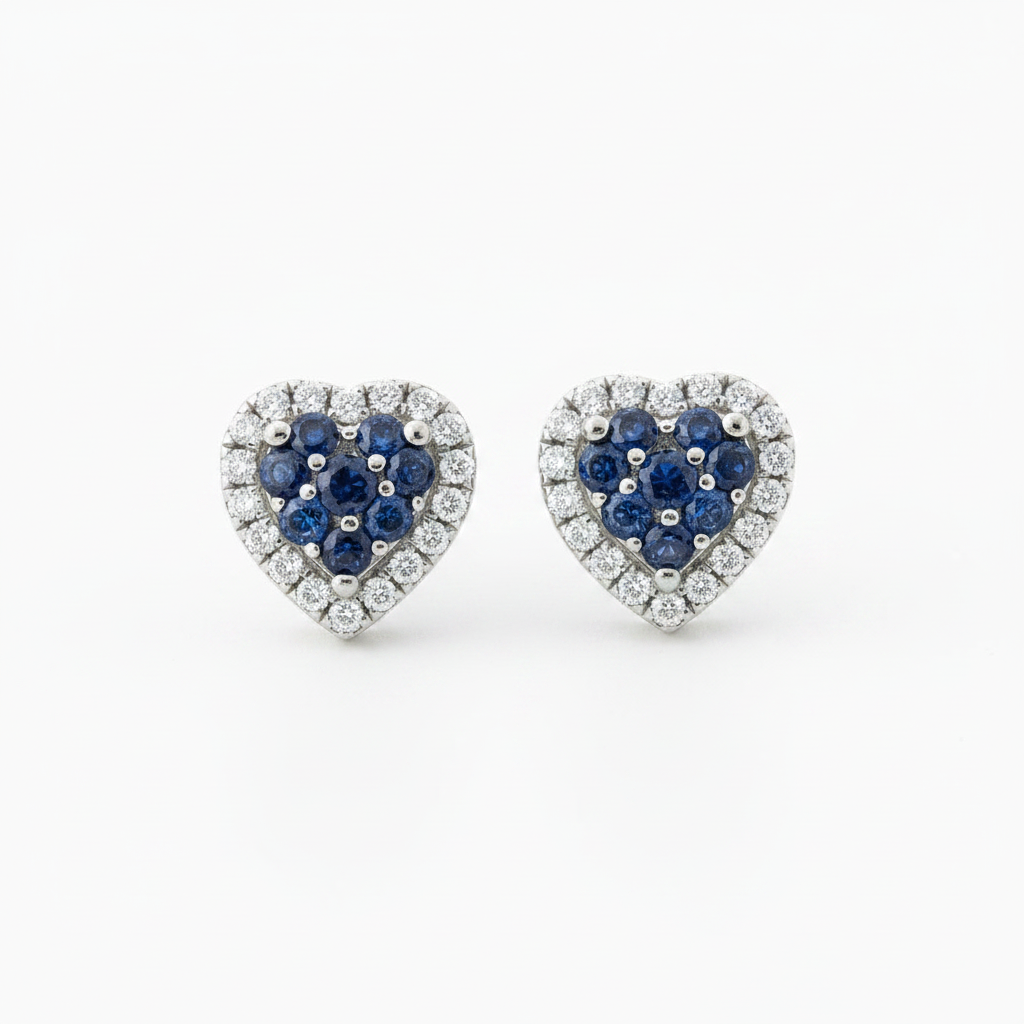 14k Gold Diamond and Saphire Heart Studs Earrings