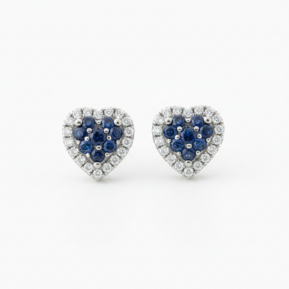 14k Gold Diamond and Saphire Heart Studs Earrings