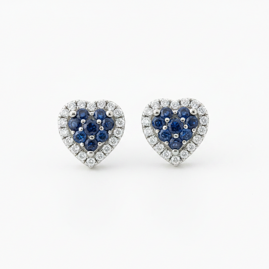 14k Gold Diamond and Saphire Heart Studs Earrings